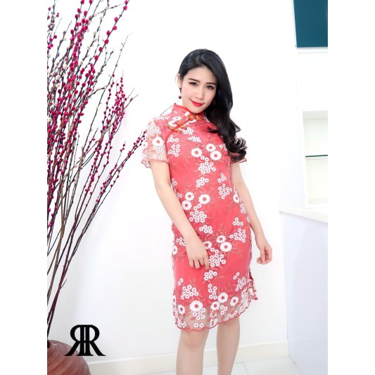 红色中国风复古网纱旗袍