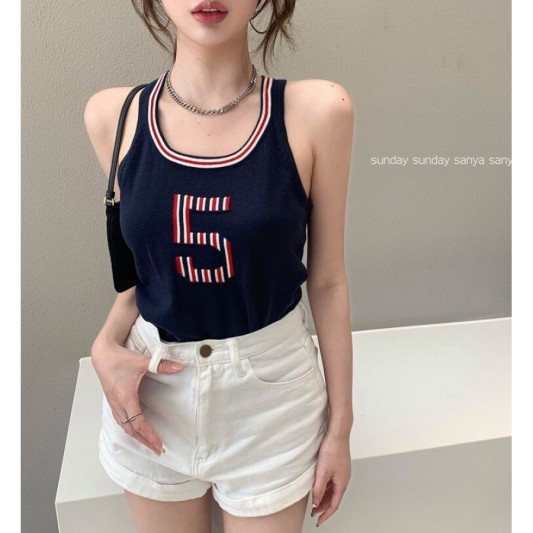 条纹撞色圆领针织背心