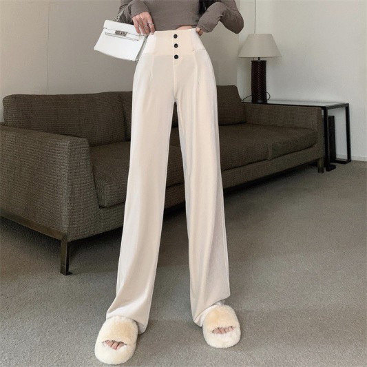米白色高腰丝绒垂感阔腿长裤