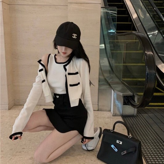 【预购】针织修身拼色背心+开衫外套两件式上衣