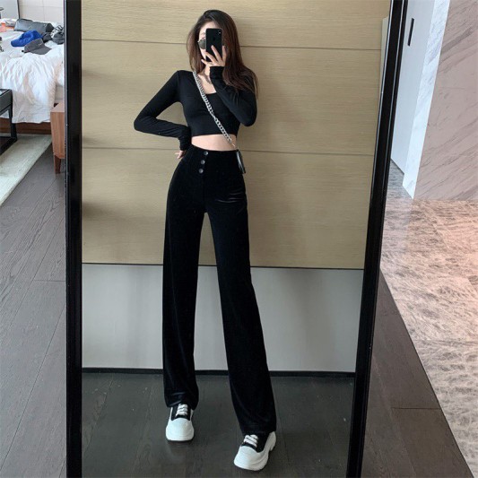 黑色高腰丝绒垂感阔腿长裤