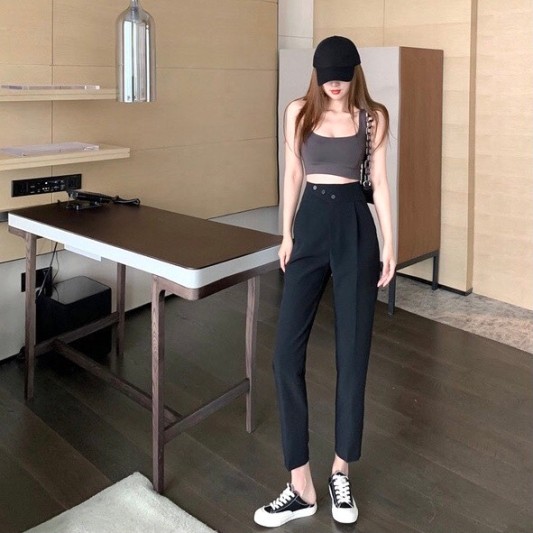 黑色高腰显瘦西装哈伦长裤