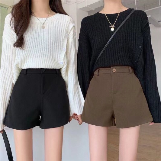 褐色高腰阔腿A字短裤