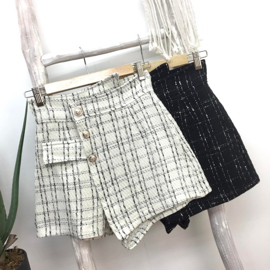 高腰白色小香格子A字裤裙