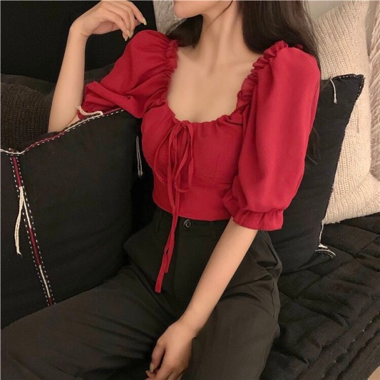 泡泡袖短版衬衫上衣