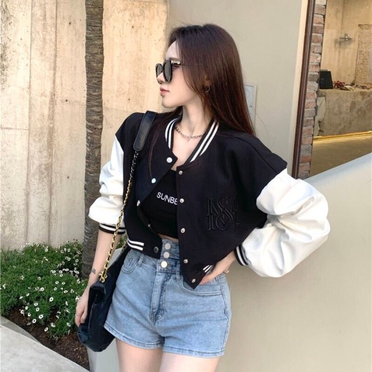 韩风拼色棒球服长袖外套