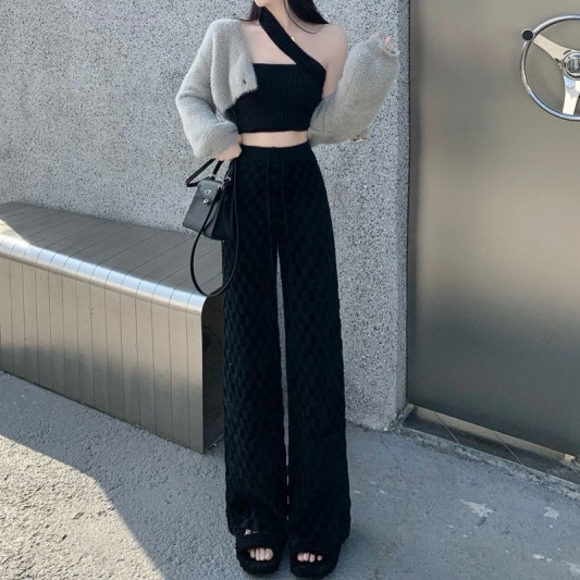 黑色垂感毛针织阔腿长裤