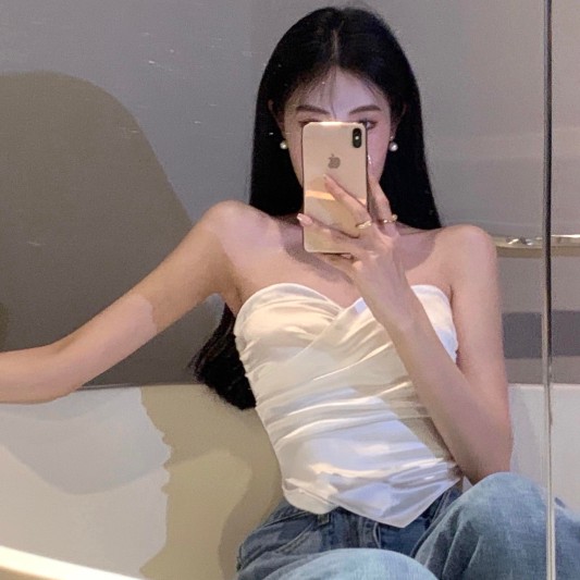 缎面抹胸不规则修身上衣