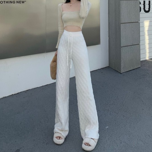 白色垂感毛针织阔腿长裤