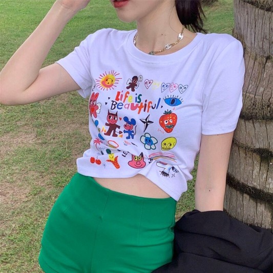 卡通印图露脐短版上衣