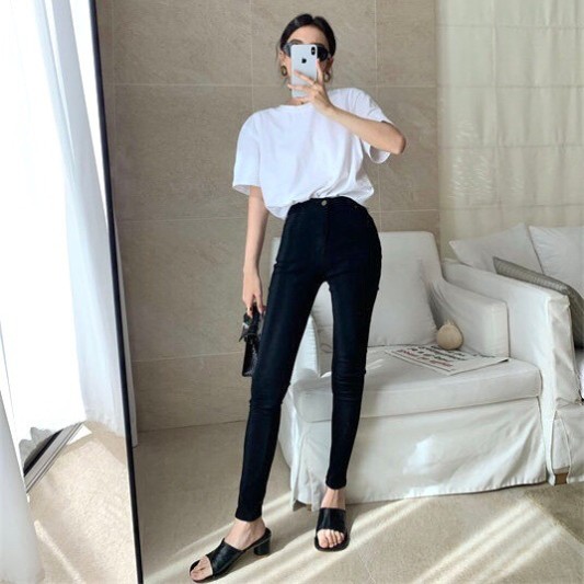 黑色高腰修身窄脚长裤