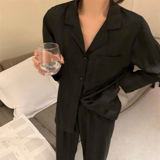 高品质竖条纹冰丝上衣+松紧腰长裤睡衣套装