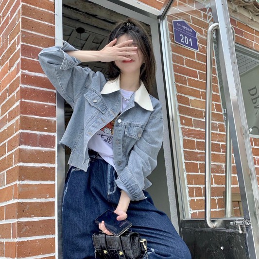 拼接领工装牛仔外套