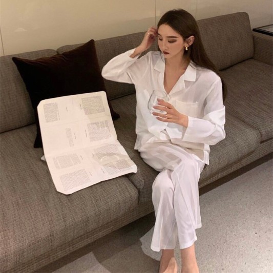 高品质竖条纹冰丝上衣+松紧腰长裤睡衣套装