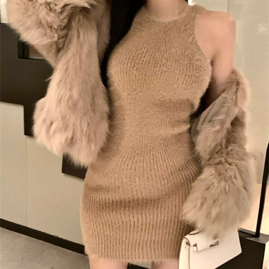 针织毛绒修身性感连衣裙
