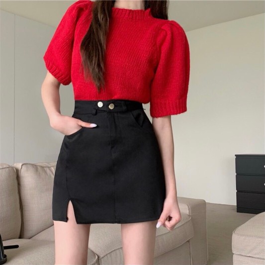 黑色高腰A字开衩裤裙