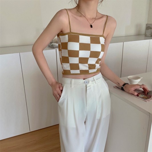 棋盘格吊带短版背心