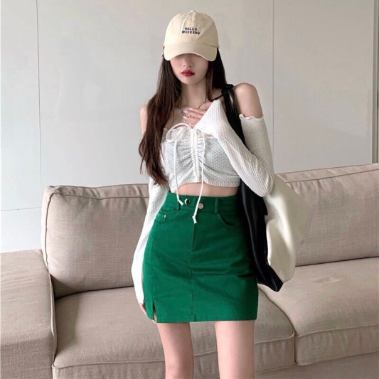 青色高腰A字开衩裤裙